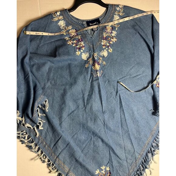 VTG Denim & Co M Boho Fringed Denim poncho With Embroidery Floral cape - Picture 8 of 9